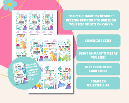 Only the name is editable. The version provided allows you to either write the name yourself or edit it on Canva. It comes in two sizes, US Letter and A4, and is best printed on cardstock. A blank version is also provided for you to write or print your name.