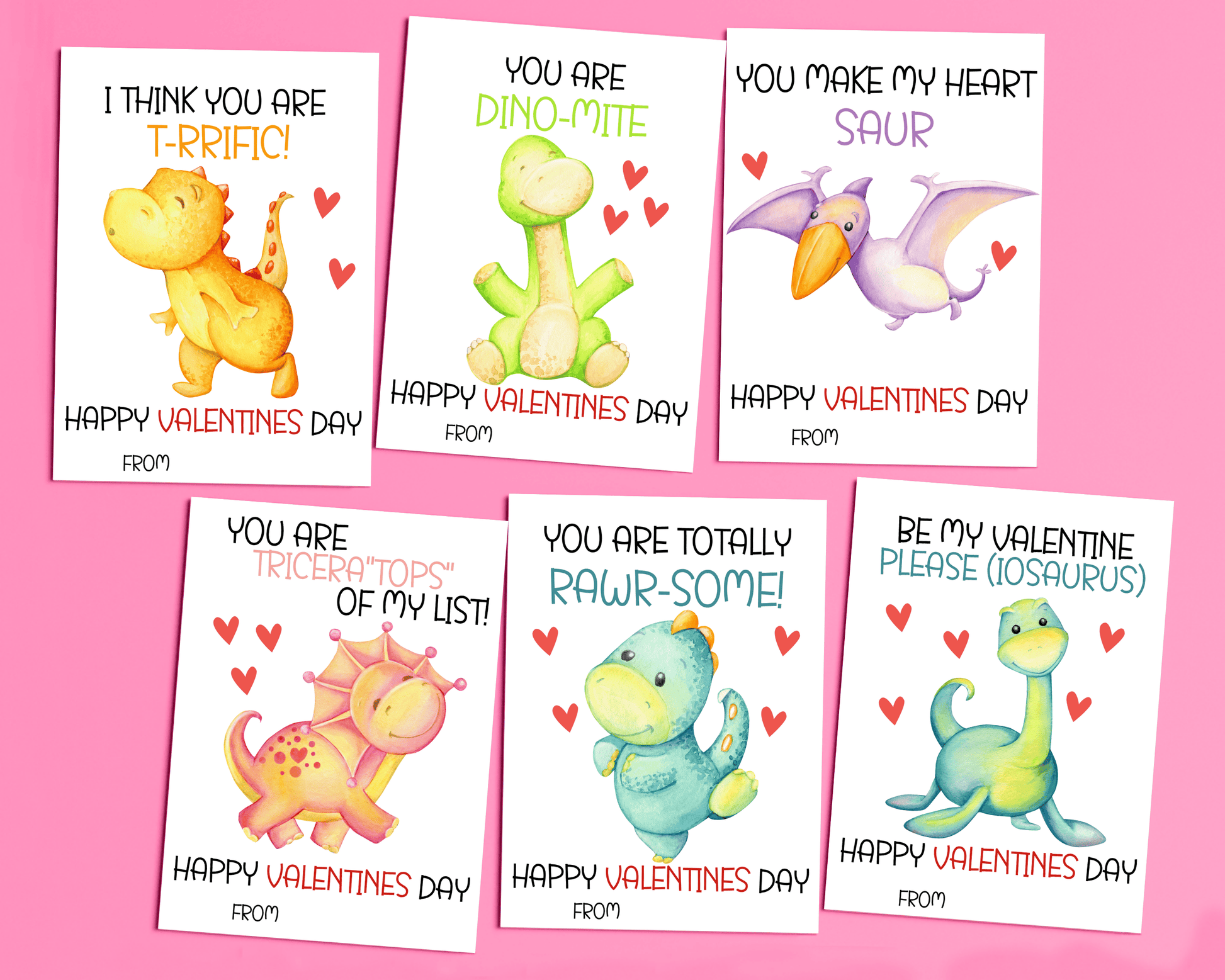 6 different Dinosaur Valentine cards featuring cute dino designs, each with Valentine’s Day sayings and space for names