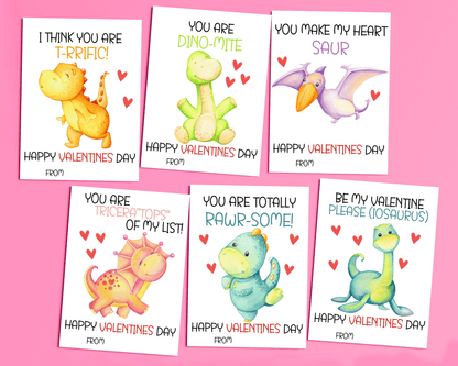 6 different Dinosaur Valentine cards featuring cute dino designs, each with Valentine’s Day sayings and space for names
