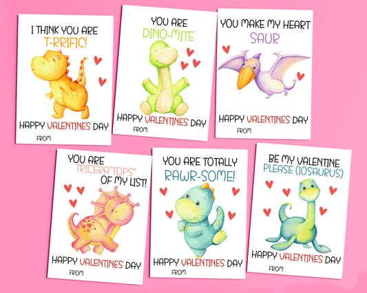 6 different Dinosaur Valentine cards featuring cute dino designs, each with Valentine’s Day sayings and space for names