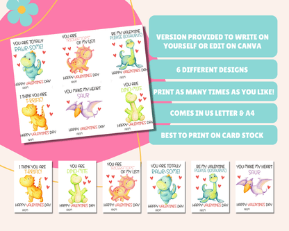 Editable Dinosaur Valentine cards for kids, easily personalize with names. Print on cardstock for the best results. Comes in US Letter and A4 sizes.