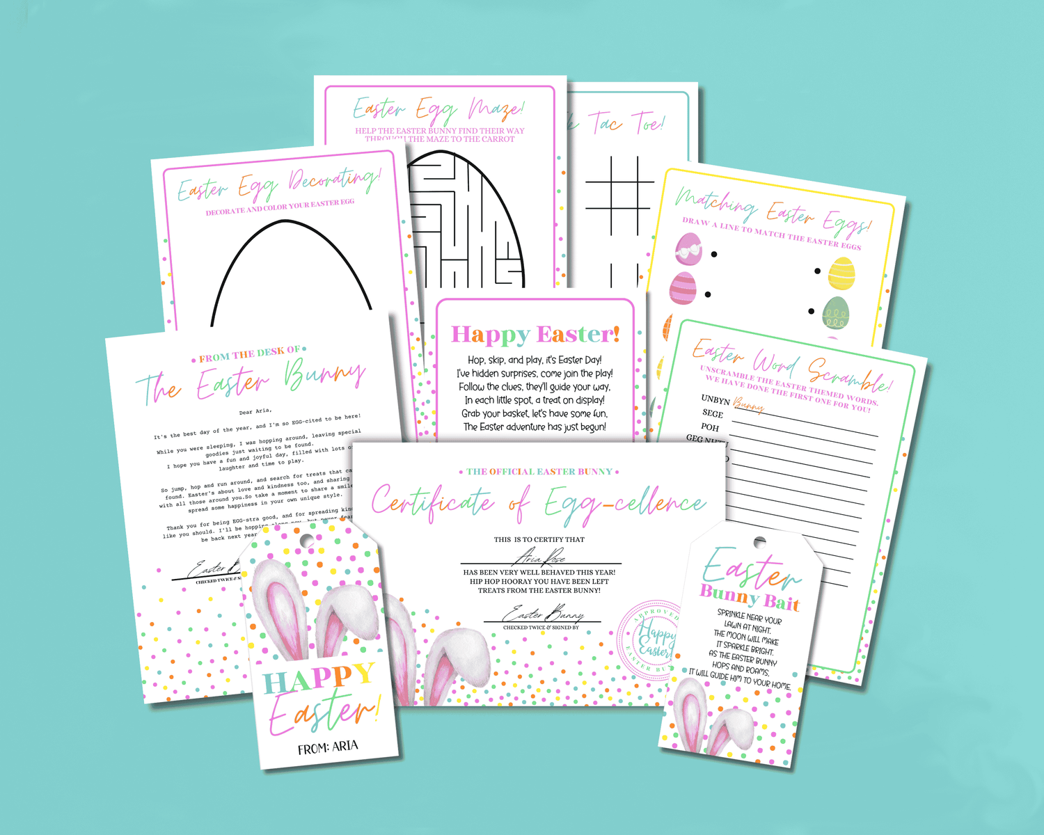 Collection of Easter Bunny Bundle items including Easter Bunny Bait Tag, personalized Easter Bunny Letter, Easter Bunny Certificate, Easter Activity Pages, Easter Egg Hunt Clues, and Easter Gift Tag.