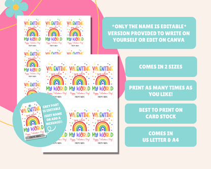 Editable Rainbow Treat Valentine Gift Tags for Kids Classroom Valentine