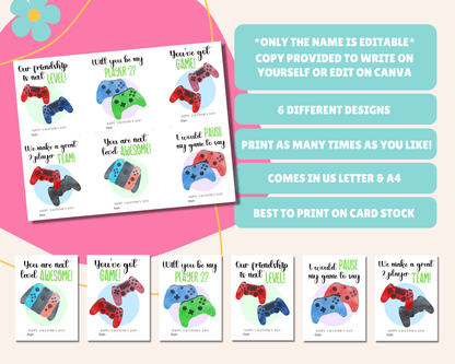 Editable Gamer Valentine Cards for Kids Classroom Valentine