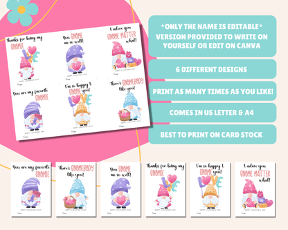 Editable Gnome Valentine Cards for Kids Classroom Valentine