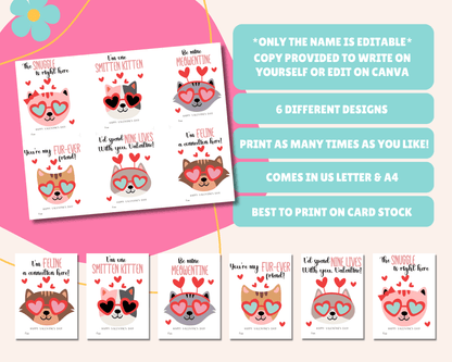 Instruction page for editable cat Valentine cards with notes like "Only name is editable," "Version provided to write name yourself or edit on Canva," "Comes in 2 sizes," "Best to print on card stock," and "Comes in US Letter & A4."