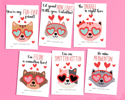 image showing six different cat-themed Valentine cards with cats wearing heart-shaped sunglasses, each featuring a fun Valentine’s Day message.