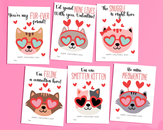image showing six different cat-themed Valentine cards with cats wearing heart-shaped sunglasses, each featuring a fun Valentine’s Day message.