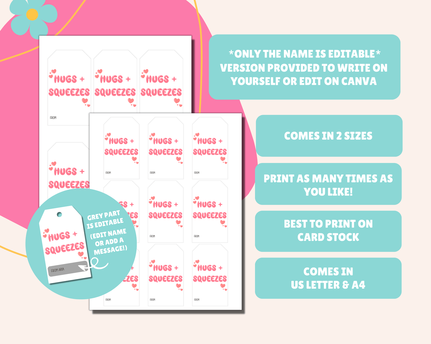 Editable Hugs and Squeezes Valentine Gift Tags for Kids Classroom Valentine