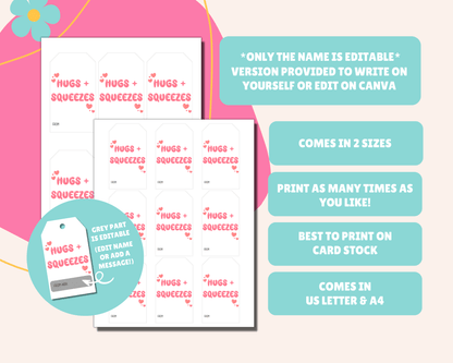 Editable Hugs and Squeezes Valentine Gift Tags for Kids Classroom Valentine
