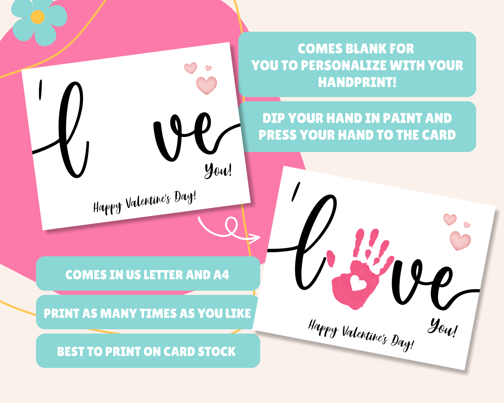 Blank card for personalizing with handprint art, instructions to dip hand in paint and press it on the card, available in US Letter and A4 sizes, printable as many times as needed, and best printed on card stock.