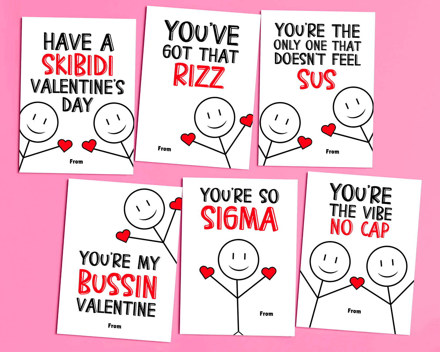 Image of six different Valentine cards featuring trendy kids' slang phrases: "Have a Skibidi Valentine's Day," "You've got that Rizz," "You're the only one that doesn't feel sus," "You're my bussin' Valentine," "You're so sigma," and "You're the vibe, no cap."