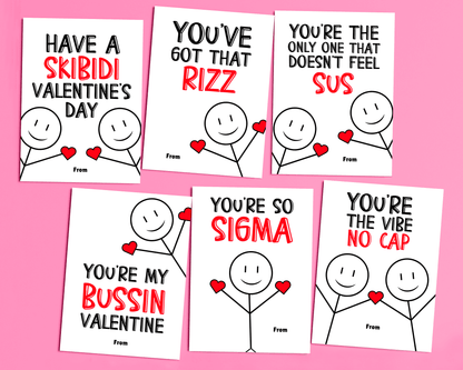 Image of six different Valentine cards featuring trendy kids' slang phrases: "Have a Skibidi Valentine's Day," "You've got that Rizz," "You're the only one that doesn't feel sus," "You're my bussin' Valentine," "You're so sigma," and "You're the vibe, no cap."