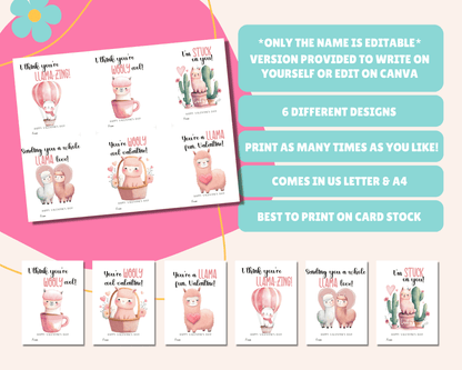 Editable Llama Valentine Cards for Kids Classroom Valentine
