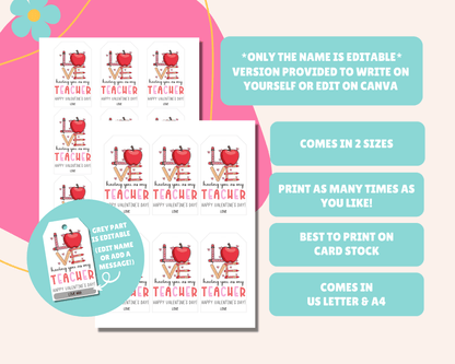 Editable Teacher Appreciation Valentine Gift Tags for Kids Classroom Valentine