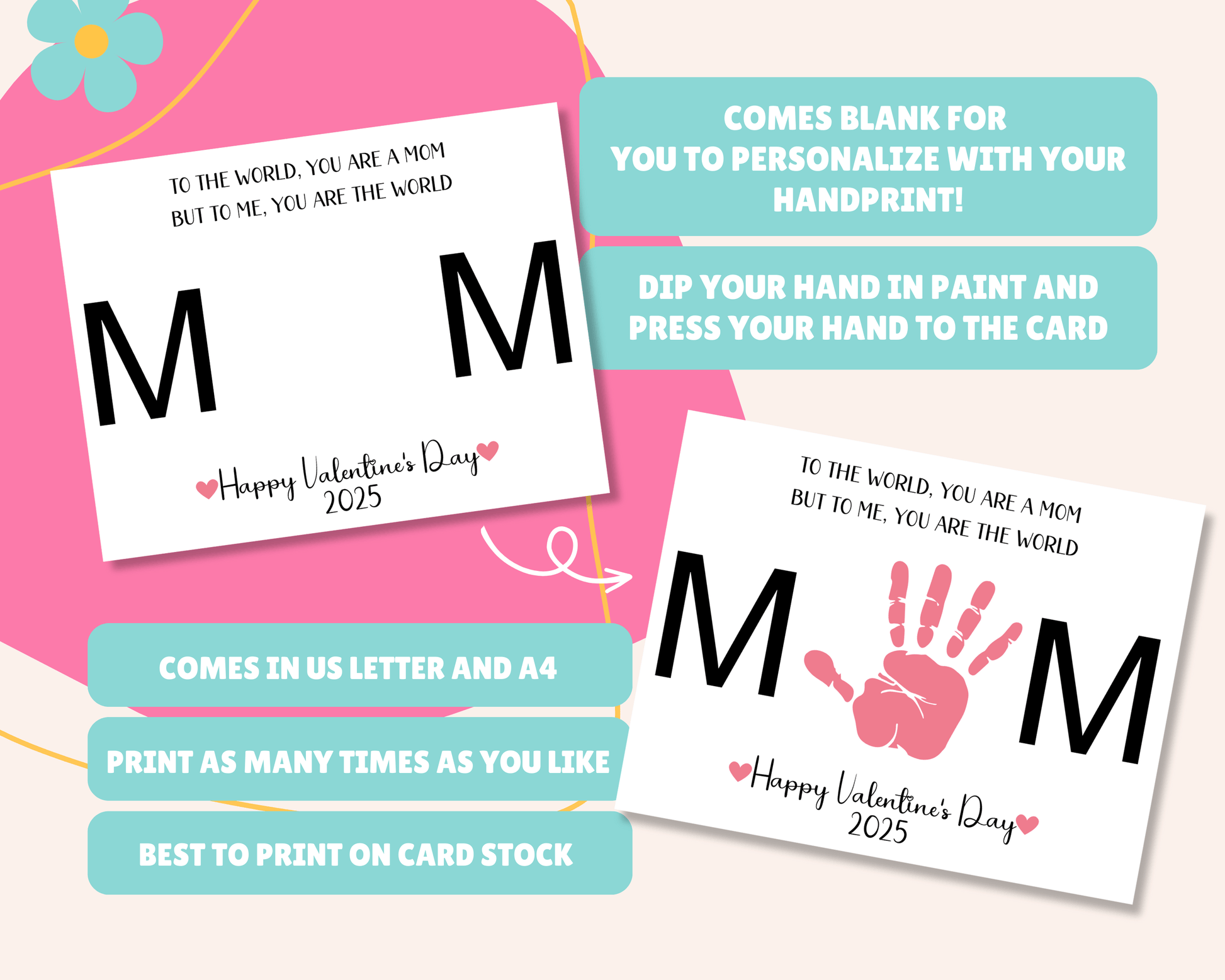 Blank card for personalizing with handprint art, instructions to dip hand in paint and press it on the card, available in US Letter and A4 sizes, printable as many times as needed, and best printed on card stock.