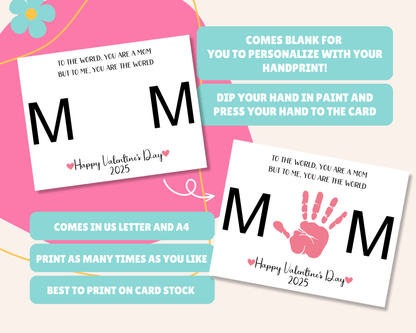 Blank card for personalizing with handprint art, instructions to dip hand in paint and press it on the card, available in US Letter and A4 sizes, printable as many times as needed, and best printed on card stock.
