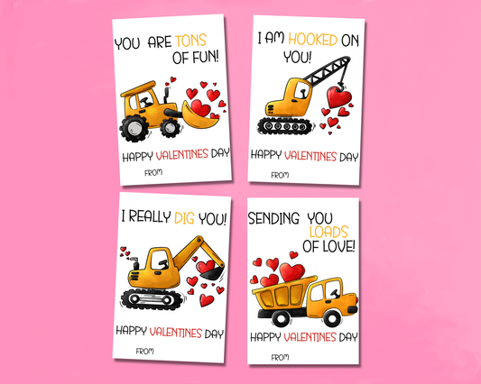 4 construction-themed Valentine cards featuring fun designs with trucks, cranes, and excavators, each with a cute Valentine message.
