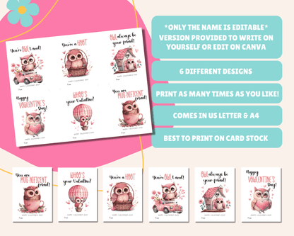 Editable Owl Valentine Cards for Kids Classroom Valentine