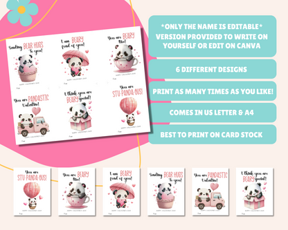 Editable Panda Valentine Cards for Kids Classroom Valentine