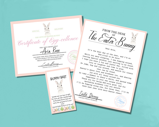 Easter Bunny Bundle - Pink Easter Bunny Bait Tag, Editable Easter Bunny Letter, Certificate