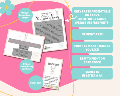 Easter Bunny Bundle - Pink Easter Bunny Bait Tag, Editable Easter Bunny Letter, Certificate