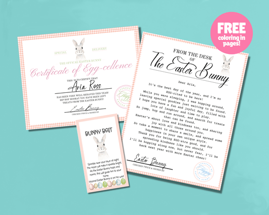 Easter Bunny Bundle - Pink Easter Bunny Bait Tag, Editable Easter Bunny Letter, Certificate