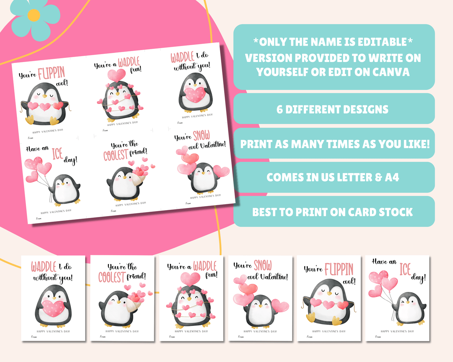 Editable Penguin Valentine Cards for Kids Classroom Valentine