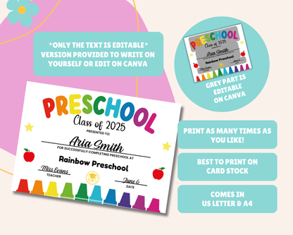 EDITABLE Last Day of Preschool Certificate