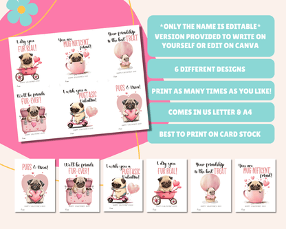 Editable Pug Valentine Cards for Kids Classroom Valentine