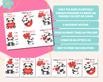 Editable Panda Valentine Cards for Kids Classroom Valentine