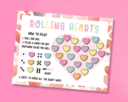 Printable Rolling Hearts Valentine's Day Candy Game for Kids