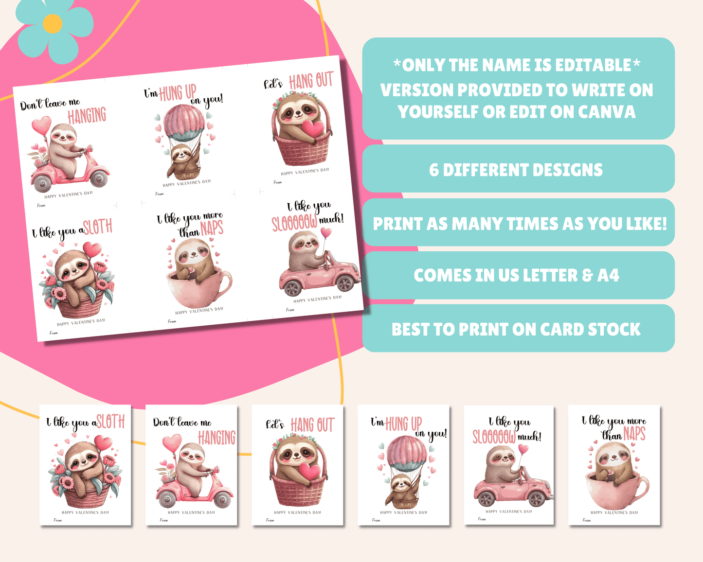Editable Sloth Valentine Cards for Kids Classroom Valentine