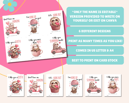 Editable Sloth Valentine Cards for Kids Classroom Valentine