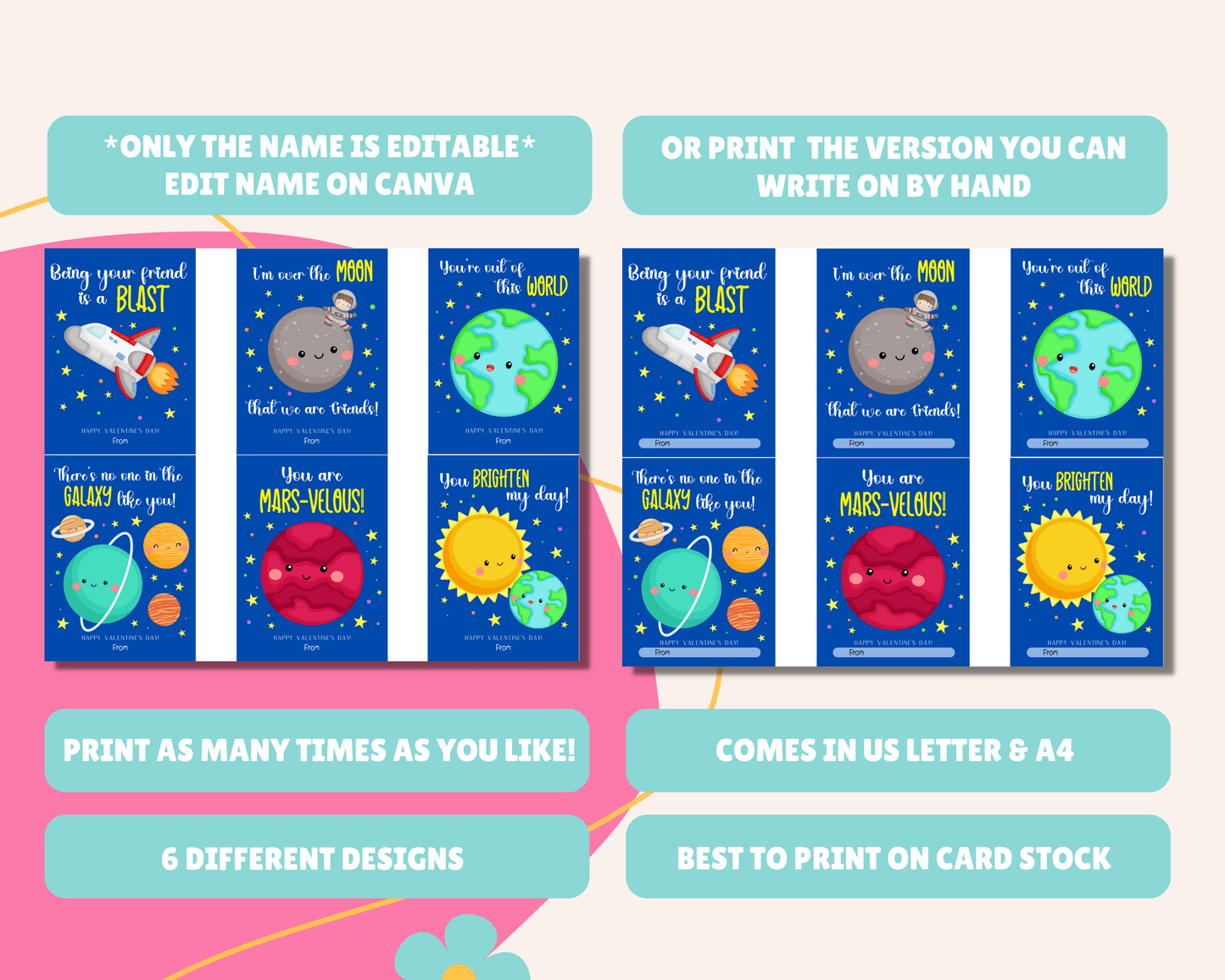 Editable Space Valentine Cards for Kids Classroom Valentine