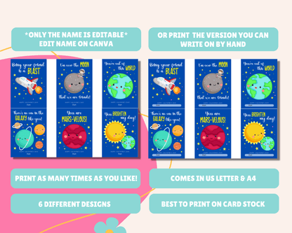 Editable Space Valentine Cards for Kids Classroom Valentine
