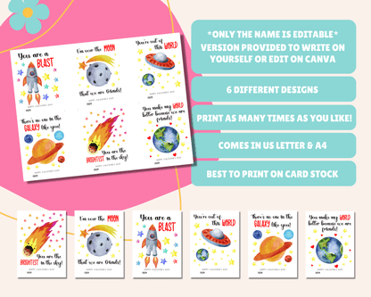 Editable Space Valentine Cards for Kids Classroom Valentine