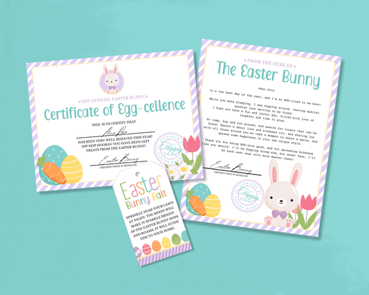 Bunny Bundle - Purple Easter Bunny Bait Tag, Editable Easter Bunny Letter, Certificate