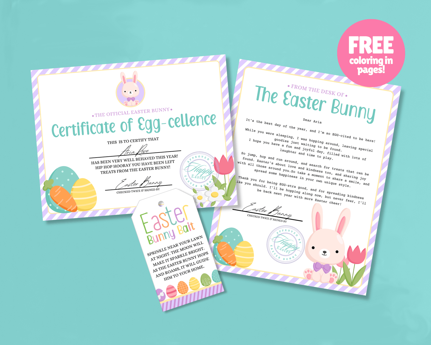Bunny Bundle - Purple Easter Bunny Bait Tag, Editable Easter Bunny Letter, Certificate