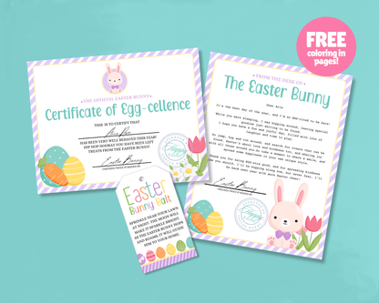 Bunny Bundle - Purple Easter Bunny Bait Tag, Editable Easter Bunny Letter, Certificate
