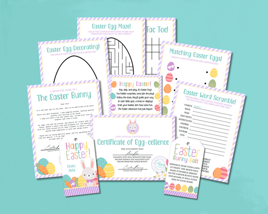 Easter Bunny Bundle – Purple Stripe Bunny Bait Tag, Letter, Certificate, Gift Tags & Activity Pages