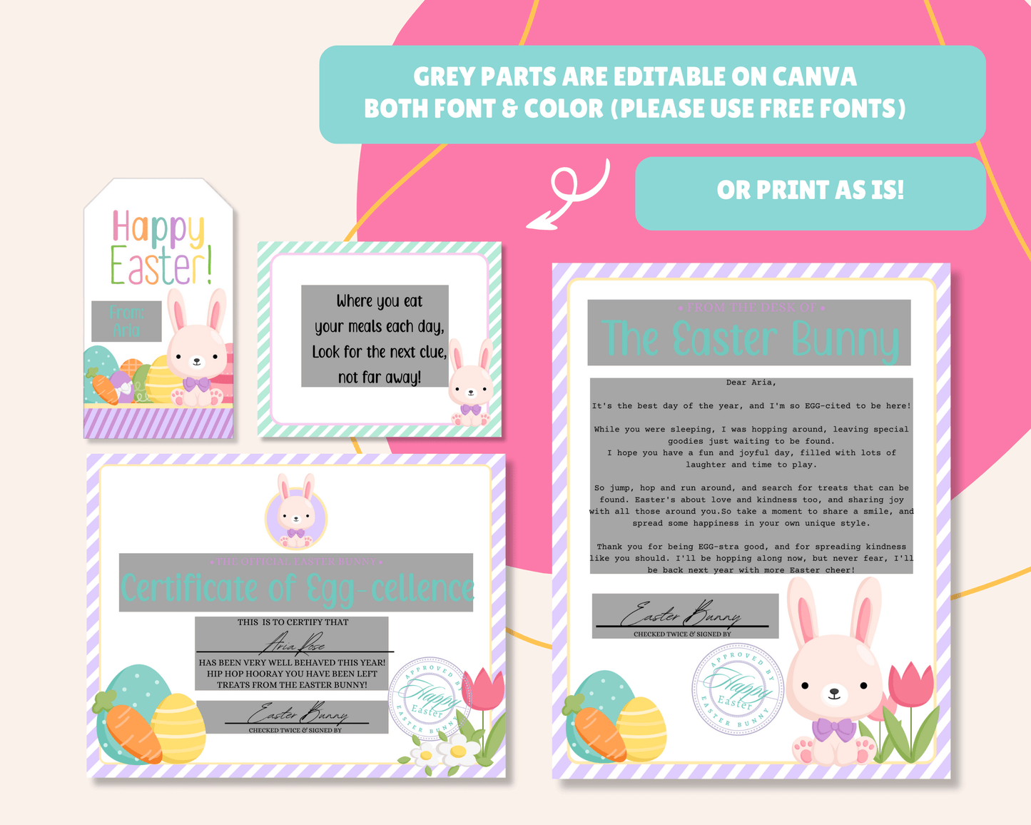 Easter Bunny Bundle – Purple Stripe Bunny Bait Tag, Letter, Certificate, Gift Tags & Activity Pages
