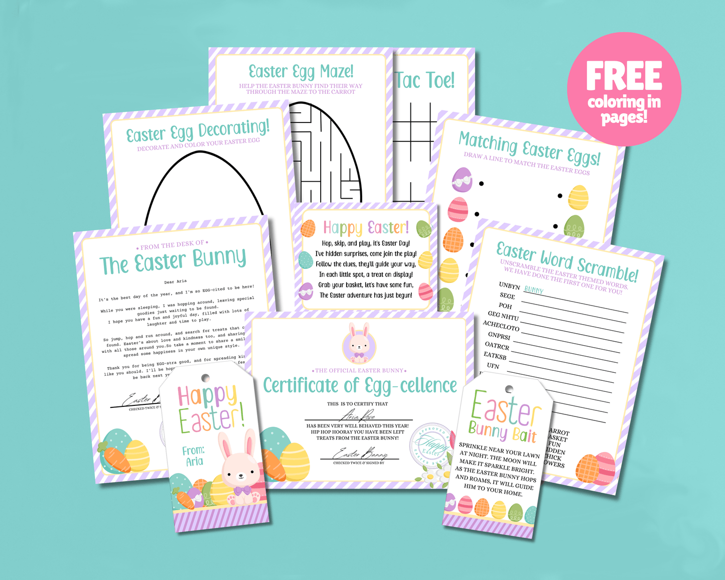 Easter Bunny Bundle – Purple Stripe Bunny Bait Tag, Letter, Certificate, Gift Tags & Activity Pages
