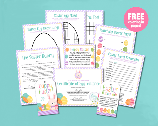 Easter Bunny Bundle – Purple Stripe Bunny Bait Tag, Letter, Certificate, Gift Tags & Activity Pages