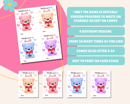Editable Teddy Bear Valentine Cards for Kids Classroom Valentine