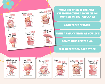 Editable Teddy Bear Valentine Cards for Kids Classroom