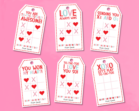 Image of 6 different Tic Tac Toe Valentine gift tags featuring hearts and crosses, with cute Tic Tac Toe sayings, "Happy Valentine's Day," and "From" text.