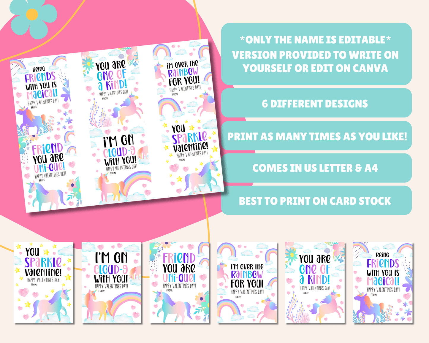 Editable Unicorn Valentine Cards Kids Classroom Valentine