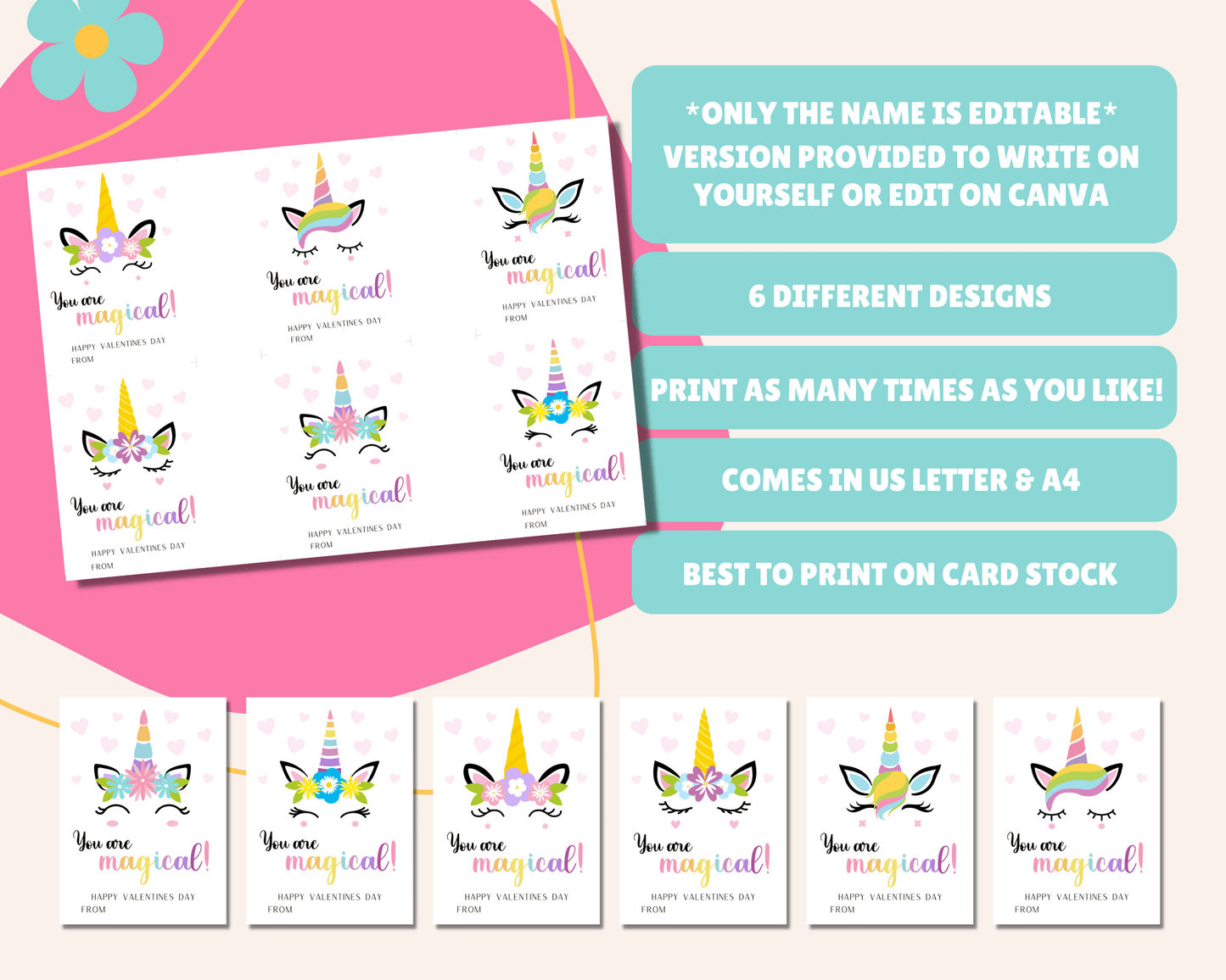 Editable Unicorn Valentine Cards for Kids for Classroom Valentine