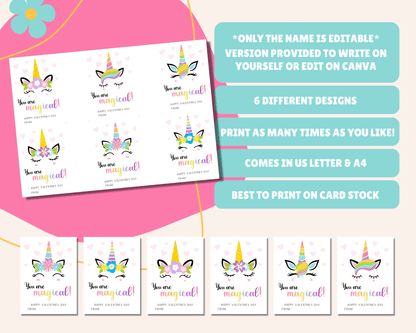 Editable Unicorn Valentine Cards for Kids for Classroom Valentine